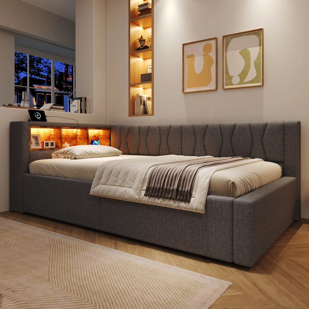 Letto da giorno 90x200 con contenitore; LED dimmerabile; ripiani e USB; lino e MDF; beige
