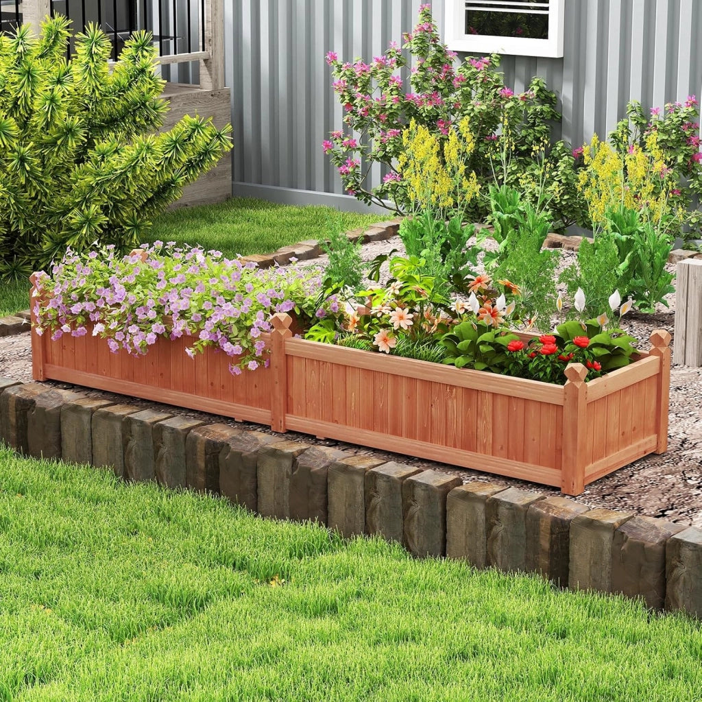 Letto da Esterno Rialzato in Legno, Fioriera Rettangolo con Divisorio, Sistema di Drenaggio, Fodera in Tessuto non Tessuto, Orto Rialzato per Giardino e Cortile, 227 x 59,5 x 40 cm (Marrone)