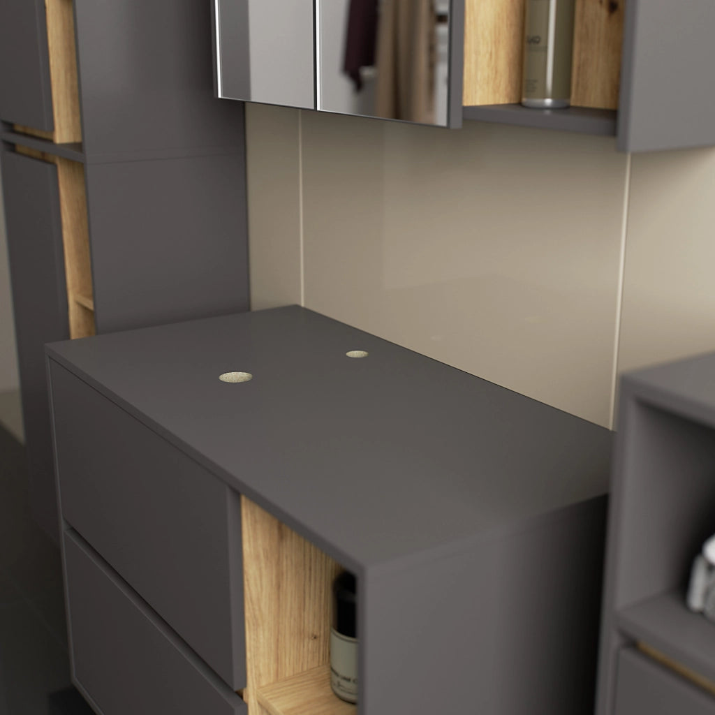 Set di mobili da bagno sospesi VAMI in Grigio Grafite con interno Rovere Artisan con fori per lavabo da appoggio