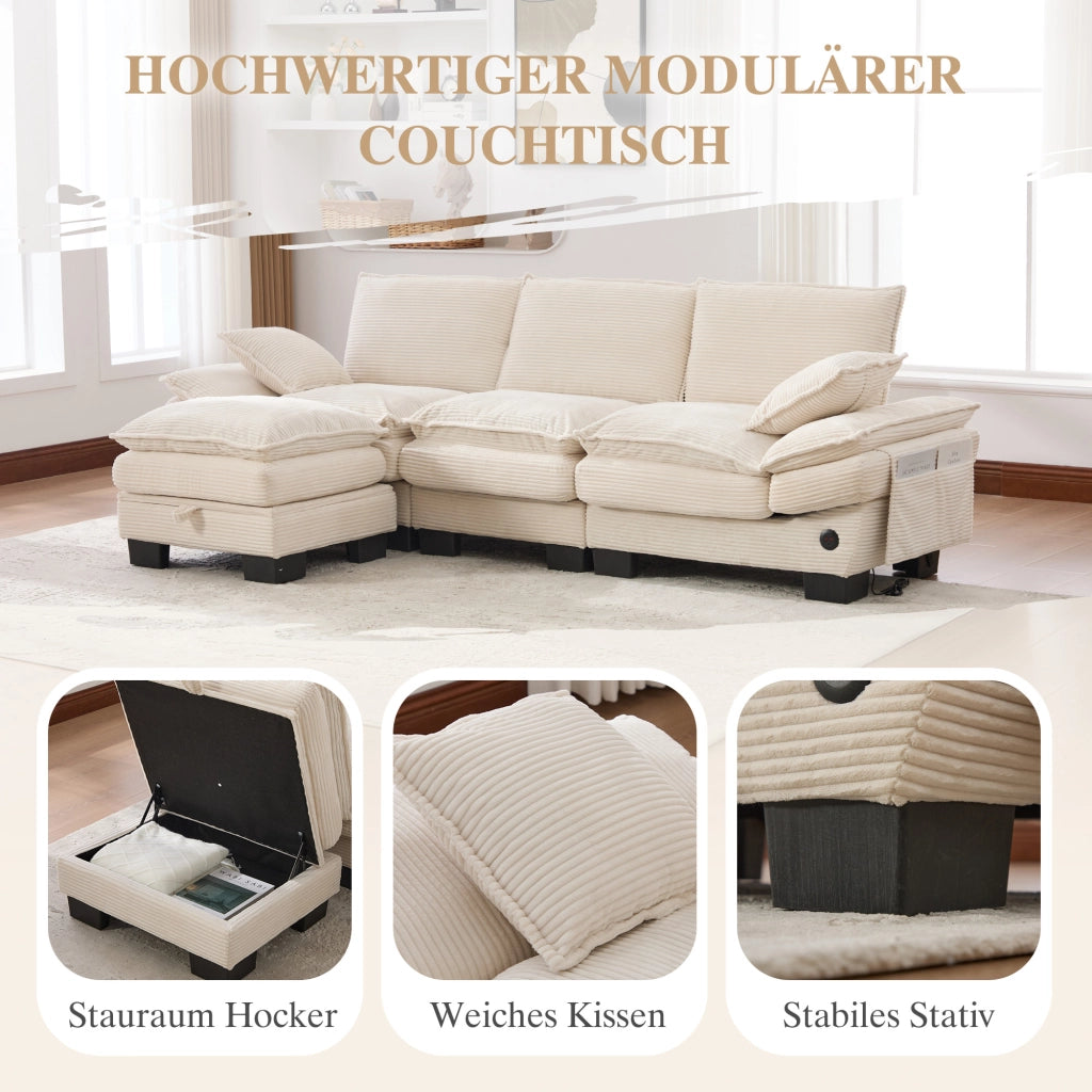 DIVANO Modulare 3 posti con pouf 260x132x84 cm Corduroy Beige