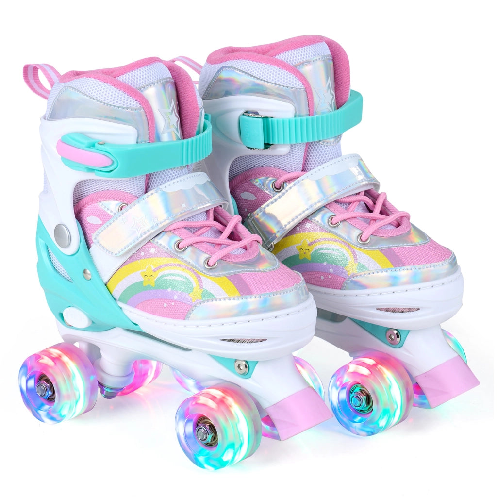Pattini a rotelle per bambini con ruote luminose e 4 misure regolabili, Pattino a rotella per principiante con motivo a farfalla M