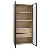Armadio da bagno con illuminazione LED, 2 grandi cassetti e 2 ante in vetro, 74×36×155 cm, Naturale