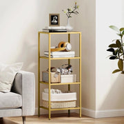 MOBILETTO SCAFFALE A 4 LIVELLI MINIMAL IN METALLO E VETRO TEMPERATO, 40X30X96.5 CM, COLOR ORO