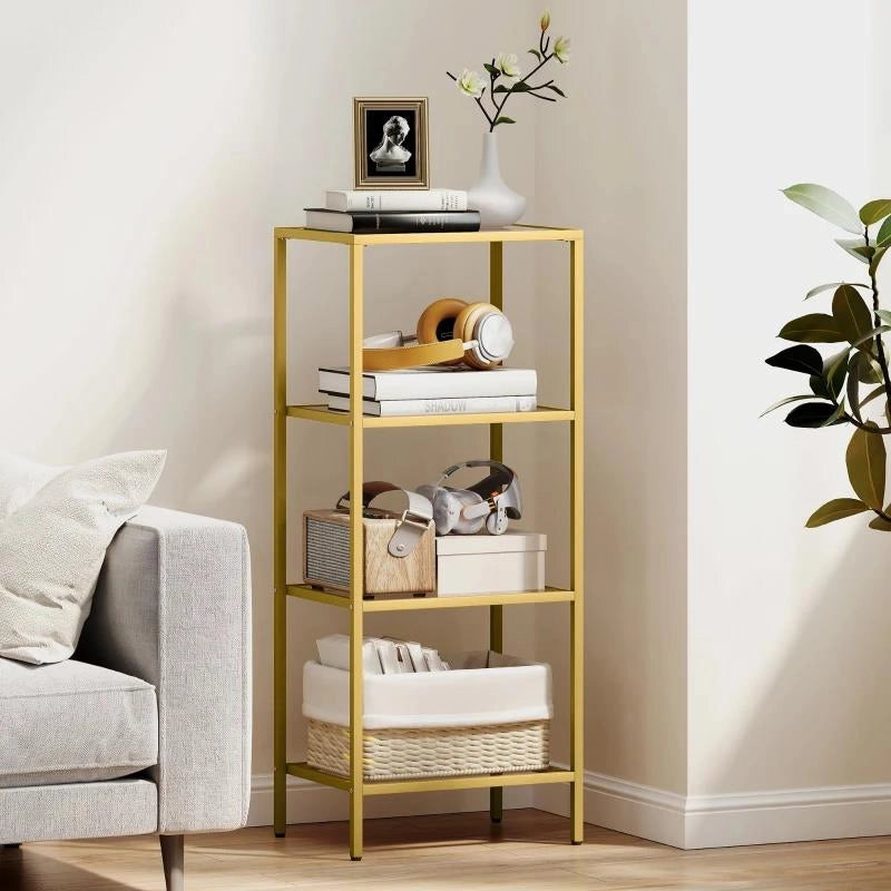 MOBILETTO SCAFFALE A 4 LIVELLI MINIMAL IN METALLO E VETRO TEMPERATO, 40X30X96.5 CM, COLOR ORO
