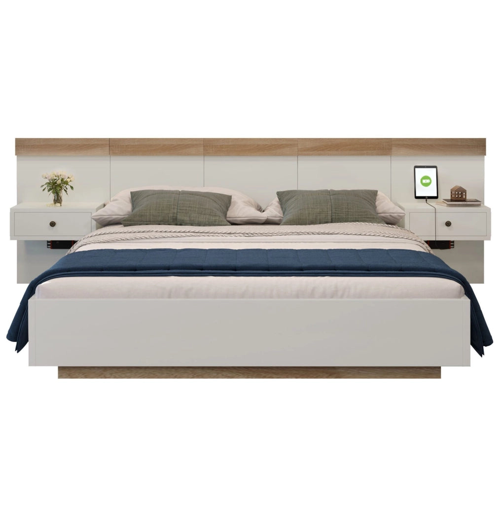 Letto matrimoniale 160x200 cm effetto sospeso con 2 comodini LED; USB e presa EU; Sonoma Eiche e bianco