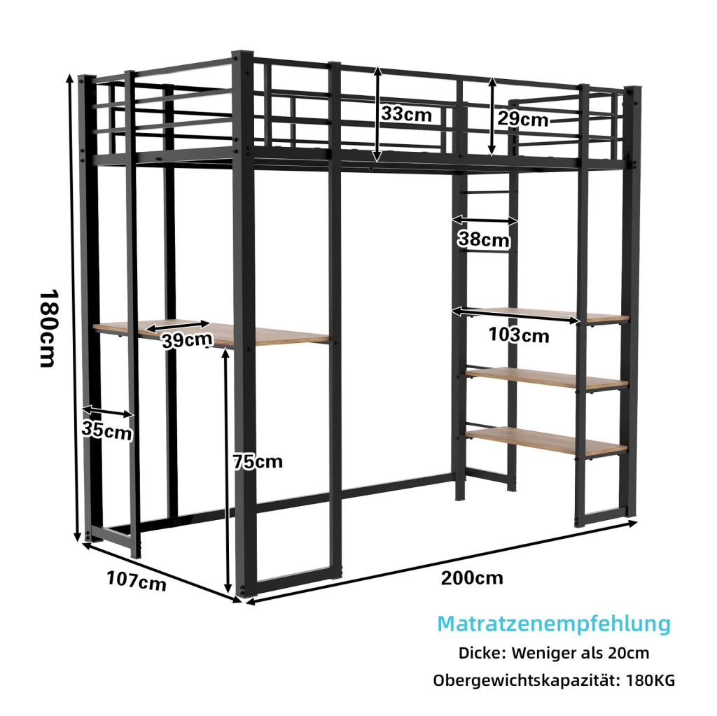 Letto a soppalco 90x190 cm con scrivania e spazio contenitore in ferro nero