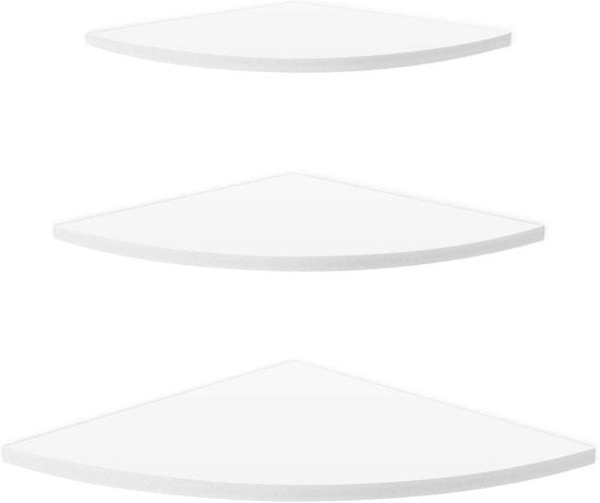 Set di 3 pannelli di supporto ad angolo in legno bianco per parete e mobile, ideale per librerie e arredamento ufficio.