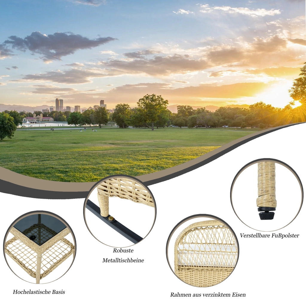 Salotto da Giardino con 2 Poltrone a Dondolo e 1 Tavolino in Vetro; per Balcone e Terrazza; Rattan; Tessuto Impermeabile e Metallo; Beige