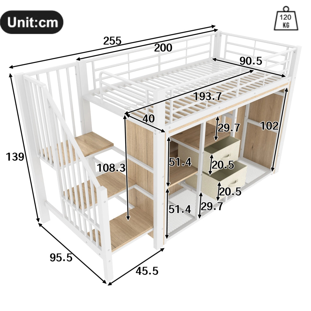 Letto semi-alto 90x200 cm con armadio aperto e LED