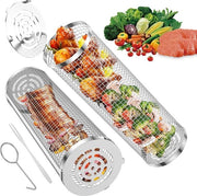 Grill mand rotante, cilindrico, in acciaio inossidabile, grill mand rotante, senza forchetta, grill rek, accessori per la griglia esterna, per verdure, pesce, carne, grigliare, accessori di base per il campeggio (30 x 10 cm + 27 x 9 cm)