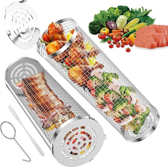 Grill mand rotante, cilindrico, in acciaio inossidabile, grill mand rotante, senza forchetta, grill rek, accessori per la griglia esterna, per verdure, pesce, carne, grigliare, accessori di base per il campeggio (30 x 10 cm + 27 x 9 cm)