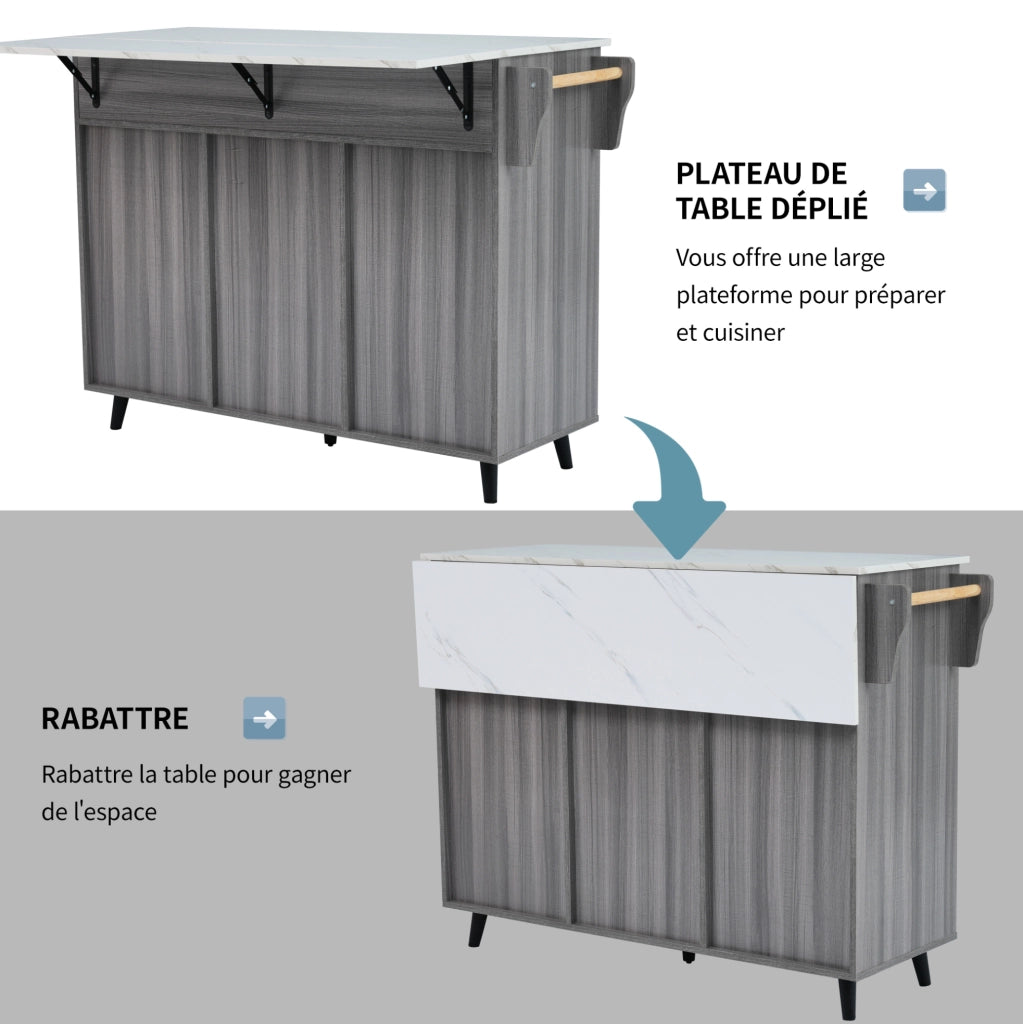 Carrello da cucina con piano pieghevole 129x46(71)x91;5 cm in MDF bianco e grigio