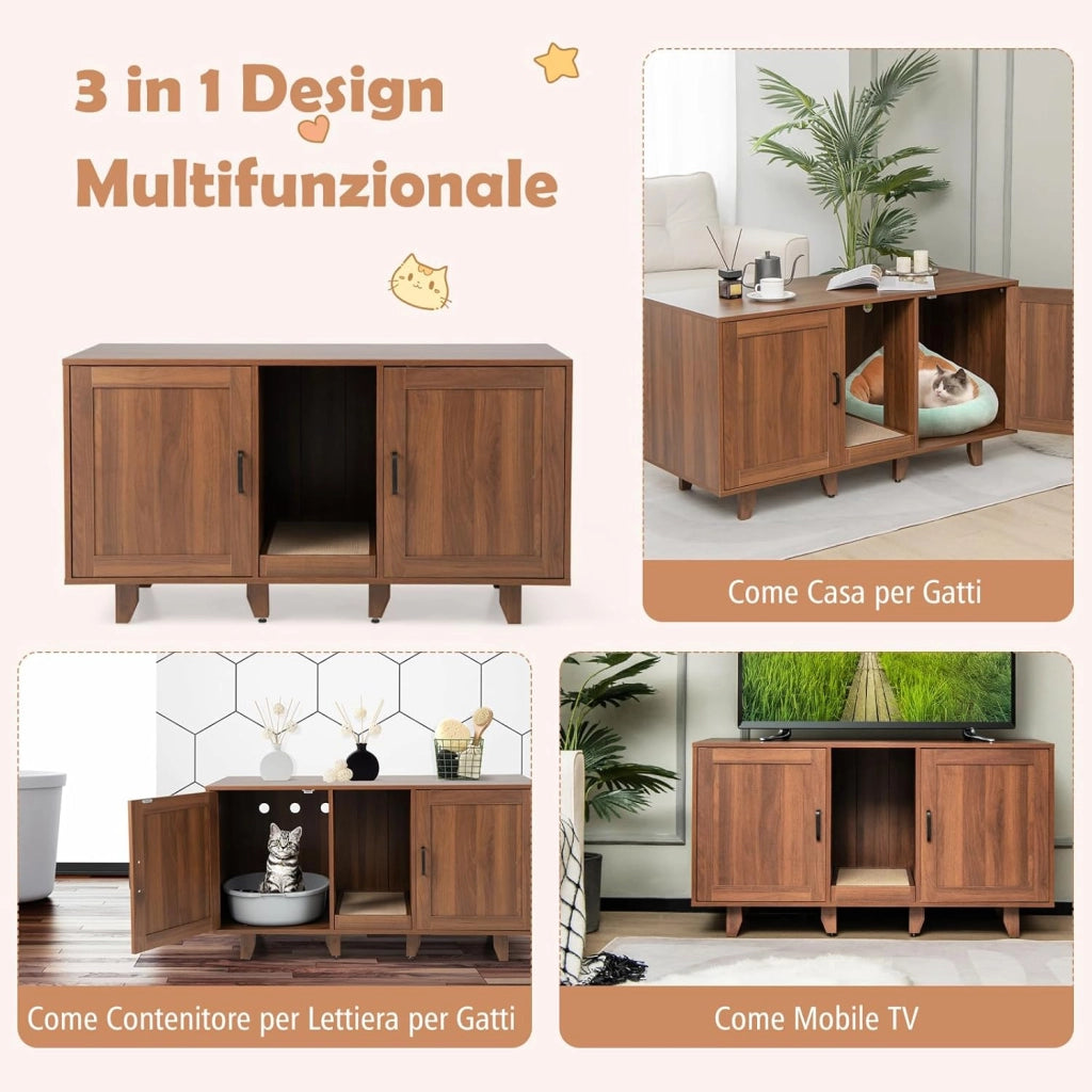 Mobile per Lettiera per Gatti 120 x 52 x 65 cm, Casetta per Gatti con 2 Ante, Fori, Tiragraffi e Gambe Staccabili, Mobile Versatile e Moderno per Salotto (Marrone)