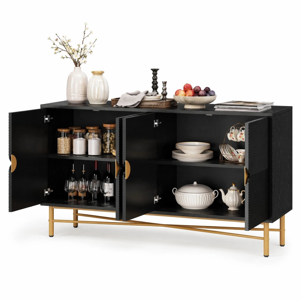 Credenza nera 160 cm con 4 ante a rilievo, maniglie dorate e chiusura ammortizzata