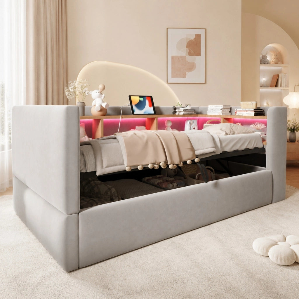 Letto contenitore singolo 90×190 cm con LED; prese e ripiani; senza materasso; flanella; grigio chiaro