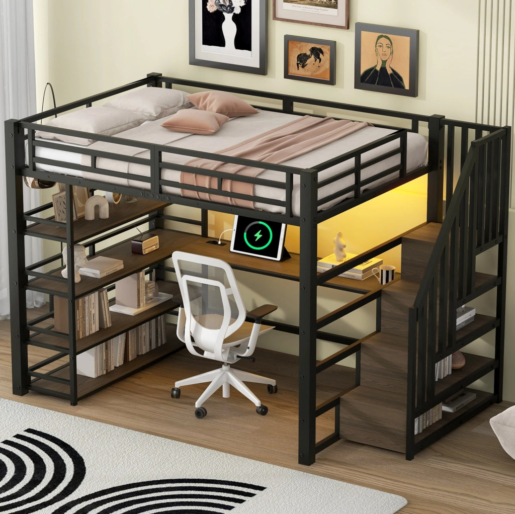 Letto a soppalco 140x200 cm in metallo con scrivania integrata; scaffali; LED e stazione di ricarica; nero