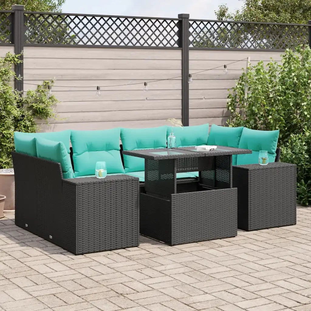 Set Divani da Giardino con Cuscini 7pz Nero Polyrattan Acacia