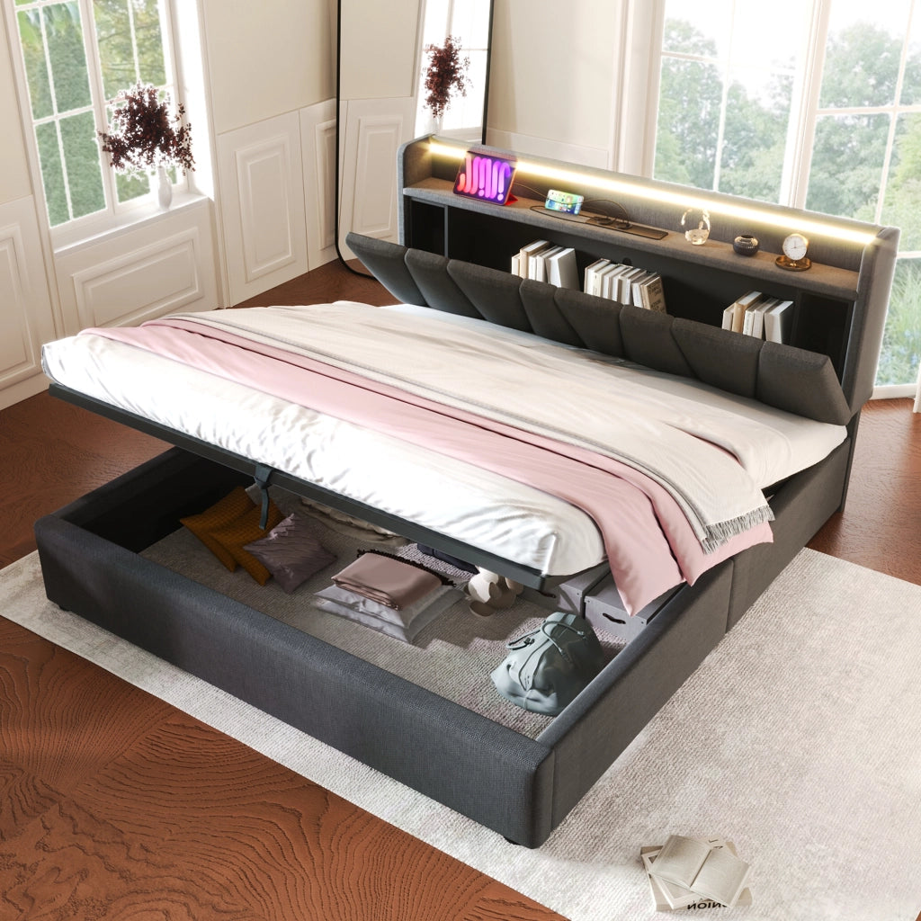 Letto imbottito con USB LED 140x190 cm lino grigio