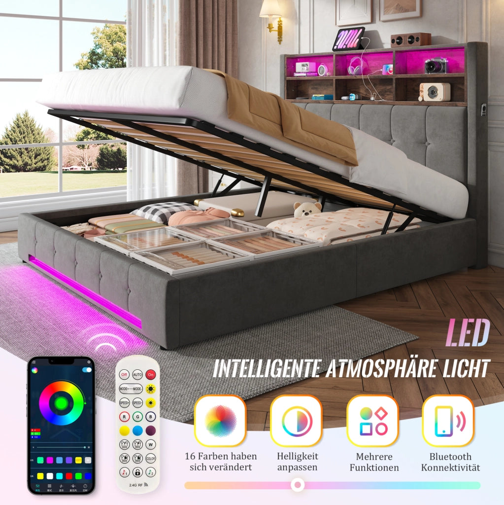 Letto contenitore 160x200 cm in velluto grigio scuro con LED e USB-C