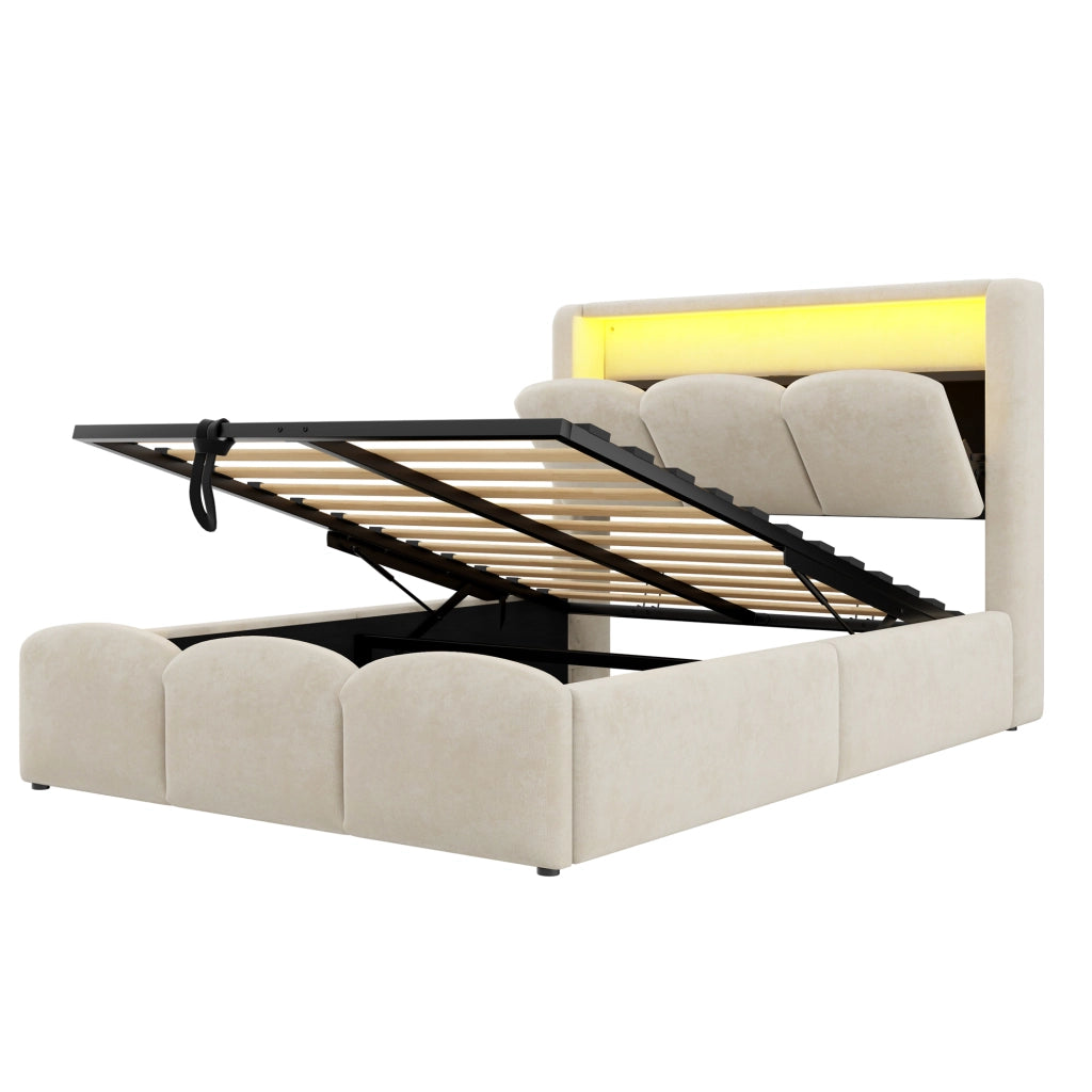Letto per bambini 90x200 cm con vano idraulico; LED; USB e Type-C; struttura in velluto beige