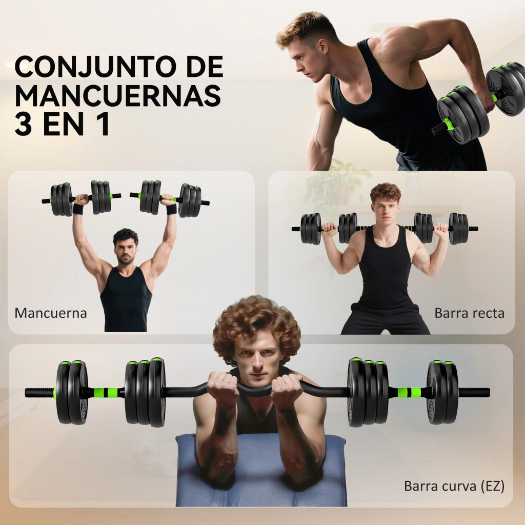 Set di manubri regolabili 20 kg 3 in 1 ¨C zephmum ¨C verde con barre di connessione e maniglie antiscivolo