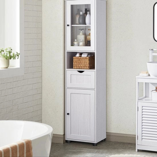 Cassa da bagno - Mobiliario di archiviazione con finitura di legno bianca - Vetrata a tavola di Spagna - Capacità del carrello 4,5 kg - Capacità della piastra 9 kg - Dimensioni 40 cm x 30 cm x 165 cm