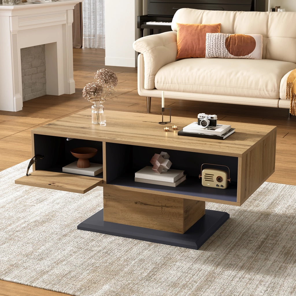OKWISH Tavolino da Caffè Moderno con Vani su Due Lati e Scomparto Interno, per Soggiorno, Grigio Rovere, 100 x 50 x 46,5 cm