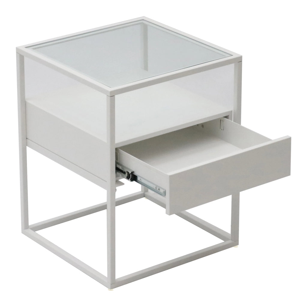 Comodino Vissenbjerg in Acciaio con Cassetto e Piano Tavolo in Vetro - Bianco Opaco [en.casa]