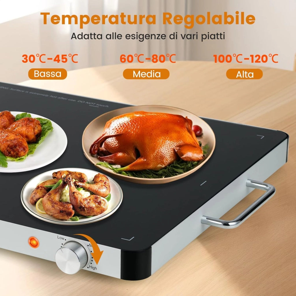 Vassoio Riscaldante Elettrico, Piatto Scaldavivande Portatile in Vetro Temperato con Temperatura Regolabile e Maniglie Antiustioni, per Feste Buffet (53 x 40 cm)