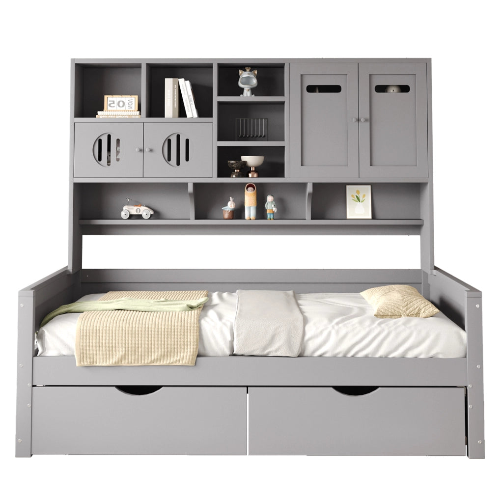 Letto singolo multifunzionale 90x200 cm con cassetti e vani contenitivi grigio