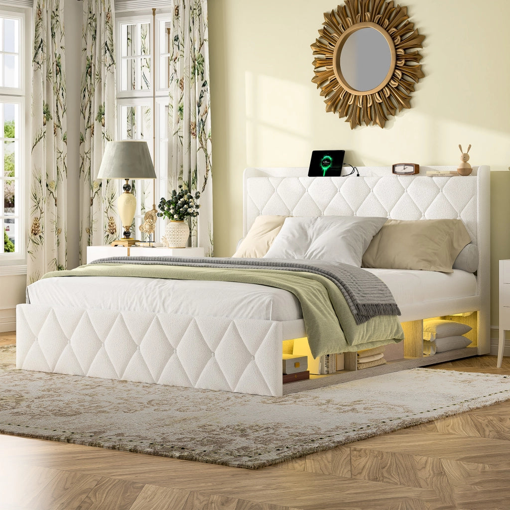 Letto imbottito 140 × 200 cm con USB, LED, 6 cassetti, ripiano testiera, senza materasso, bianco