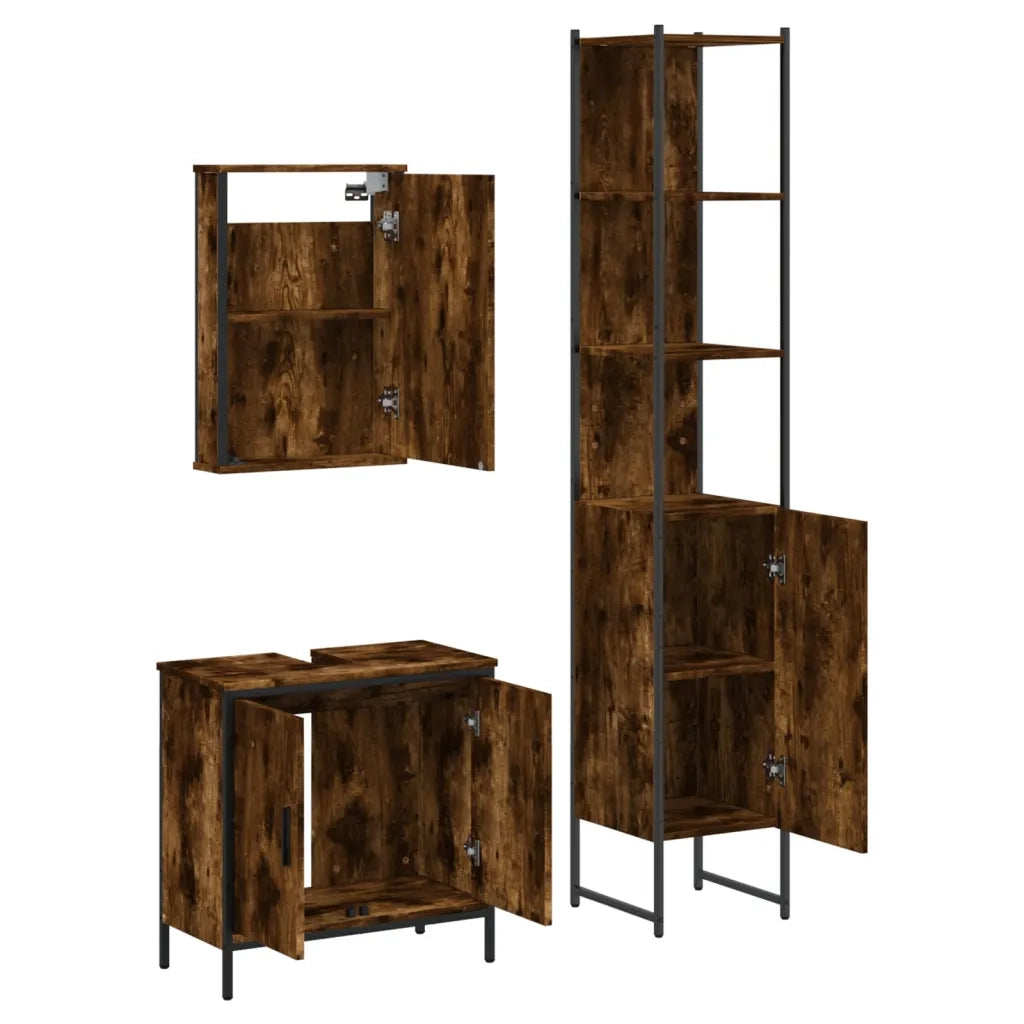 Set Mobili da Bagno 3 pz Rovere Fumo in Legno Multistrato