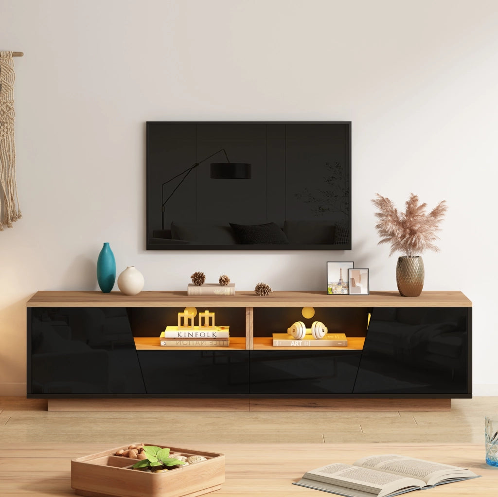 Mobile TV 180x40x46 cm con LED; 2 cassetti e 2 armadietti in truciolare nero e naturale