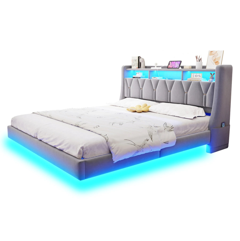 Letto matrimoniale imbottito 180x200 cm con testiera ribaltabile; USB e LED; velluto grigio chiaro