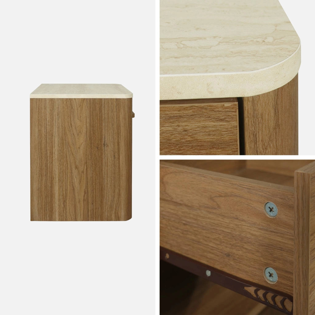 Comodino con decorazione in legno ed effetto travertino, 1 cassetto,