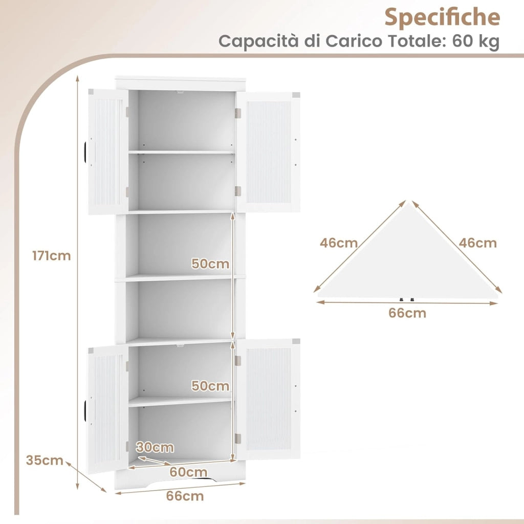 Armadio Angolare 66 x 35 x 171 cm, Mobile Bagno Triangolare Salvaspazio con 4 Ante in Vetro Temperato e Ripiani Regolabil, Mobile Angolare per Soggiorno, Cucina e Sala da Pranzo