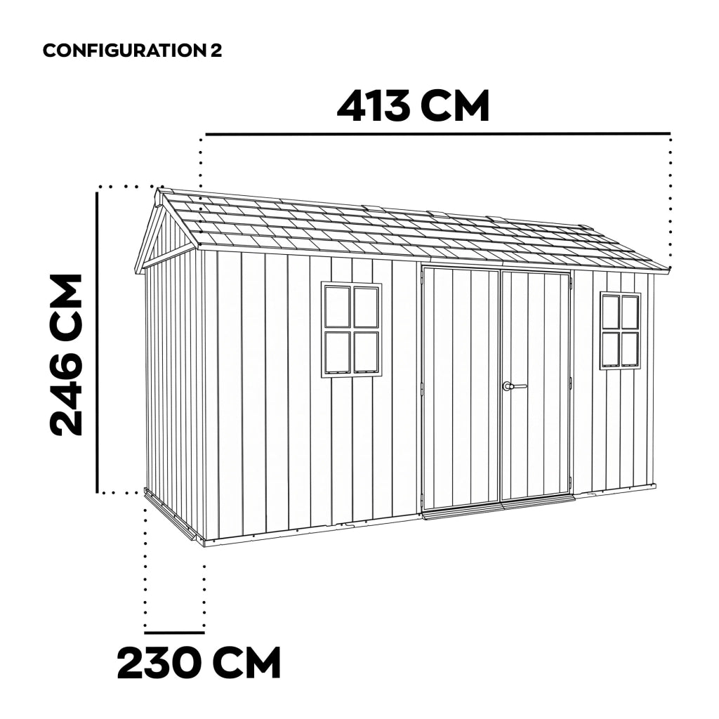 Newton + 7513/1375- Casetta da Giardino 413x246x230 cm 2 Ante per deposito attrezzi finitura effetto legno Evotech+ in Resina Marrone e Nero