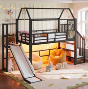 Letto a soppalco per bambini 90x200 cm a casetta con scivolo e LED Bluetooth nero HAVRYA