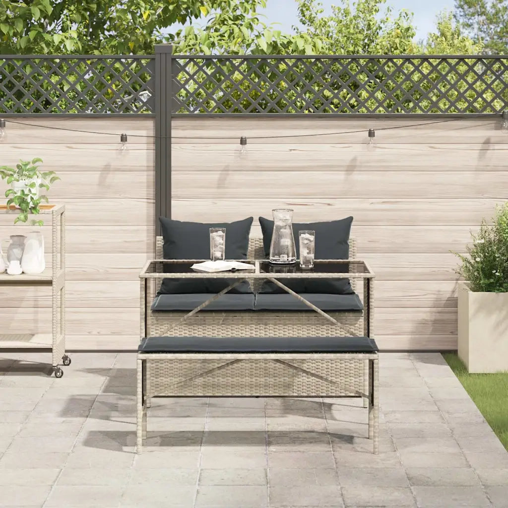Set Pranzo da Giardino 3pz con Cuscini Grigio Chiaro Polyrattan