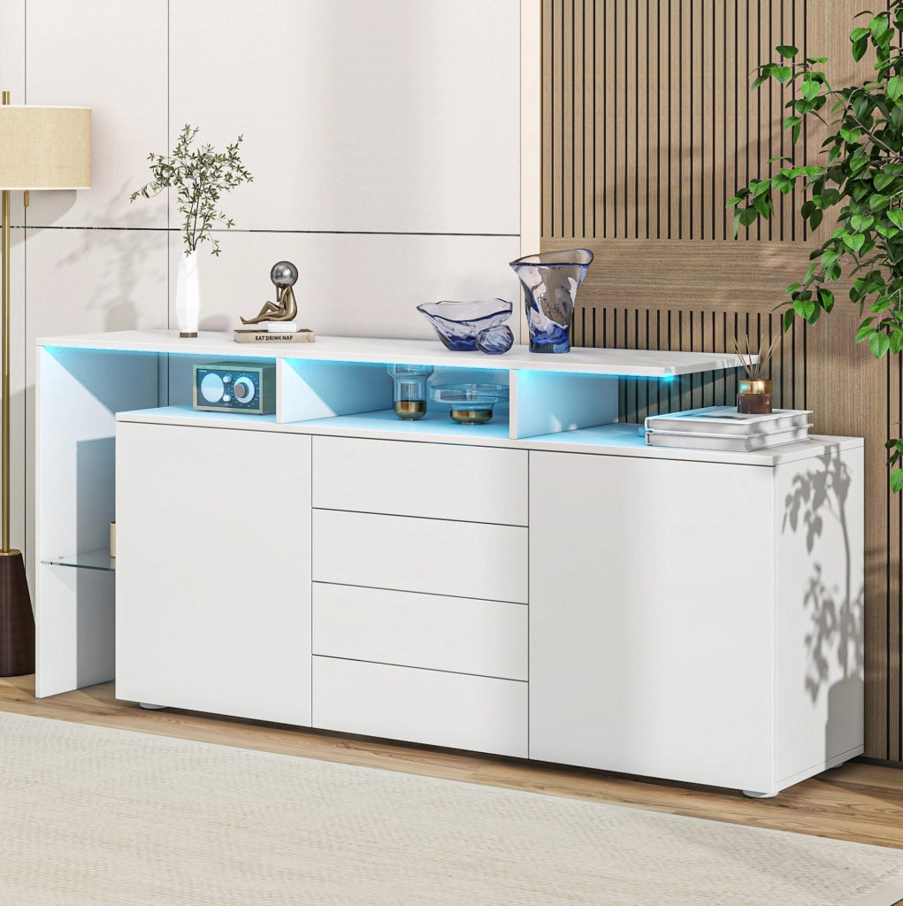 Credenza moderna con LED e USB, bianco lucido
