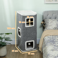 Torre per Gatti con 3 Casette Palline e Posatoio 41x41x100 cm in Legno Tessuto e Peluche Grigio e Bianco