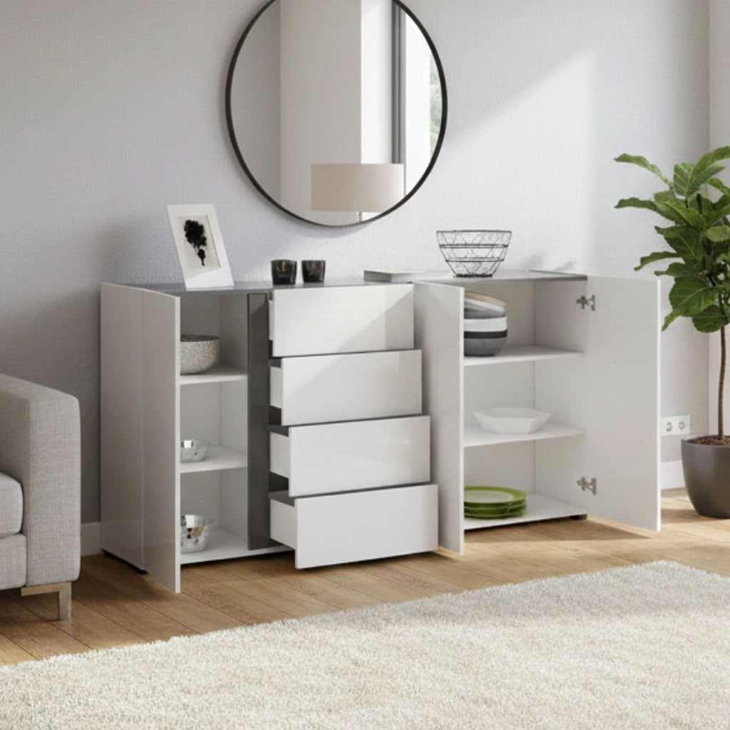 Credenza Baveno, Buffet da soggiorno, Madia da salotto, Dispensa da cucina, Made in Italy, 180x38h92 cm, Bianco lucido e Antracite