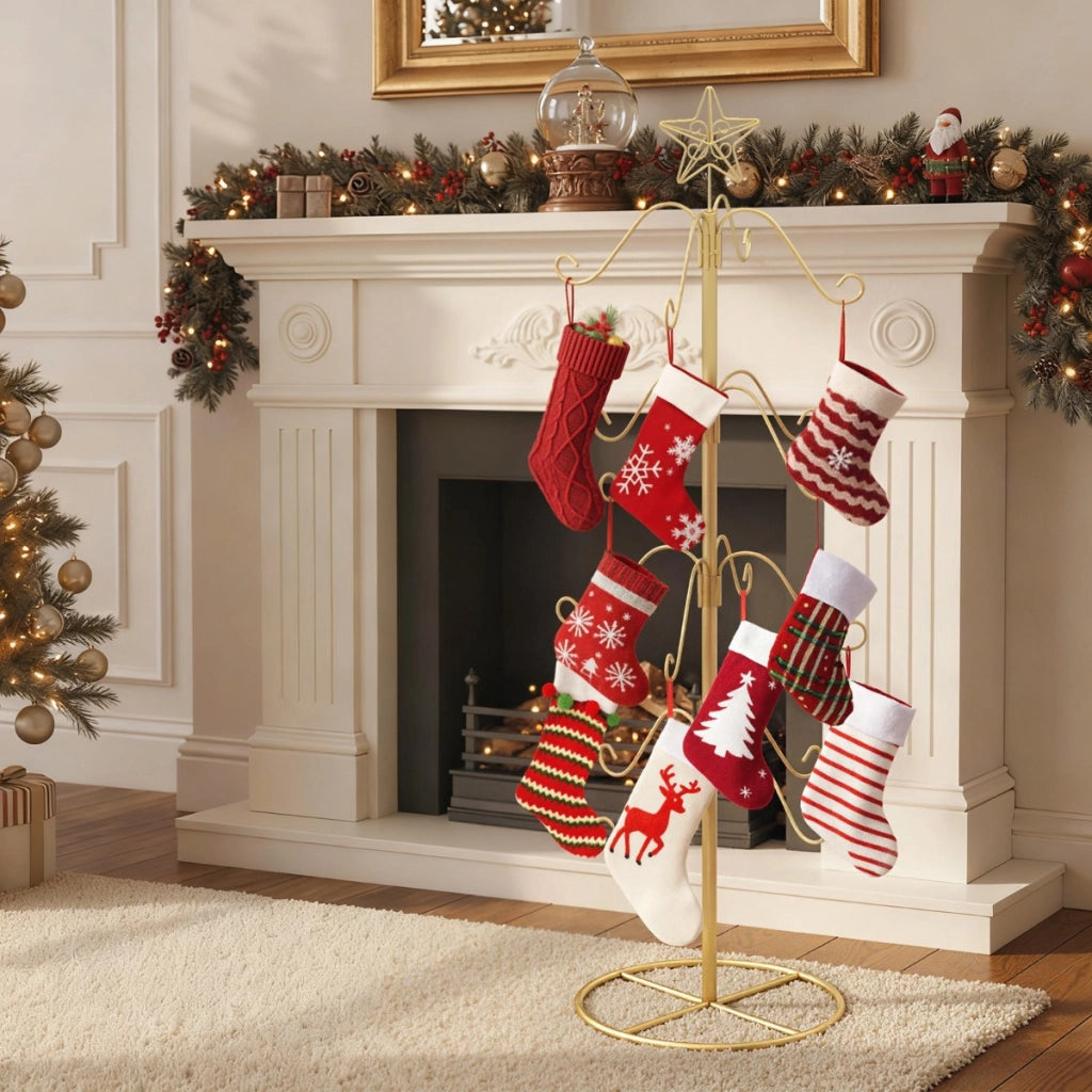 Albero espositivo con 16 ganci appendi oggetti e stella in punta per feste, Porta calze di natale per decorazioni Oro