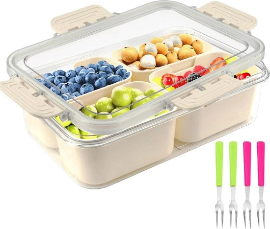 Snack contenitore con coperchio - snack cassetta con 4 forchette - snack piatti con contenitori - box per frutta - box per snack per bambini - piatti per snack per caramelle frutta noci - adatto per ufficio scuola campeggio
