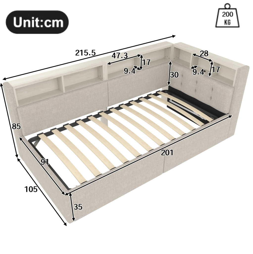 Daybed 90x200 cm Beige con LED, USB-C, Vani Portaoggetti e Sollevamento Idraulico