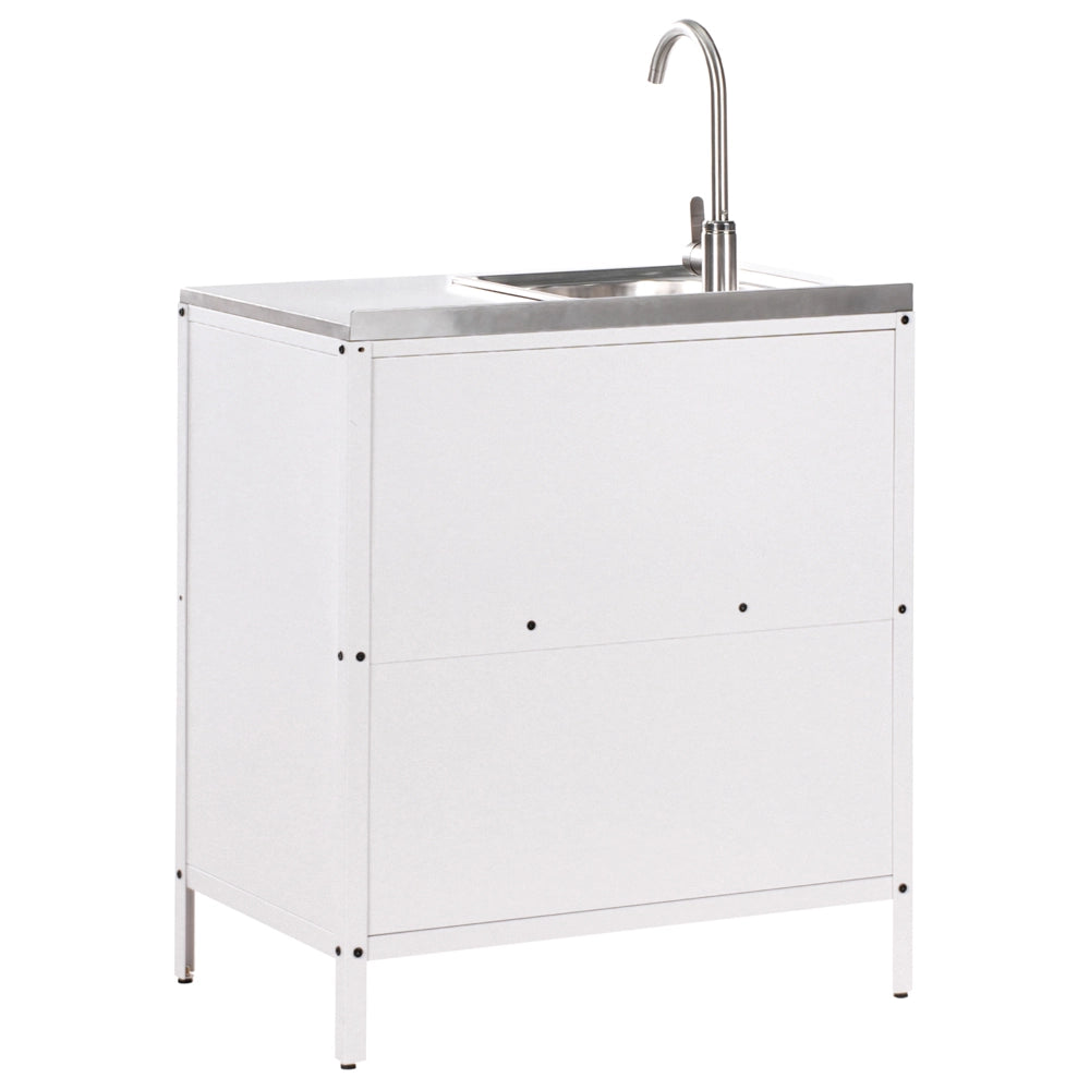 Set di 2 elementi per la cucina all'aperto in acciaio inox bianco con portaoggetti e lavello cucina da esterno