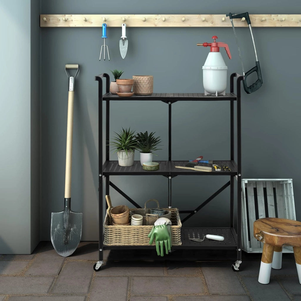 Carrello Portaoggetto Pieghevole, Scaffali con Ruote Bloccabili 3 Ripiani e Maniglie, Carrello con Ruote Portatutto per Cucina Soggiorno Corridoio