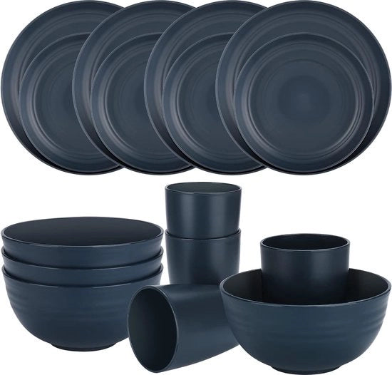 Set di servizio da campeggio - 4 piatti e tazze - lavastoviglie a microonde resistente - per cucina RV (blu marino)