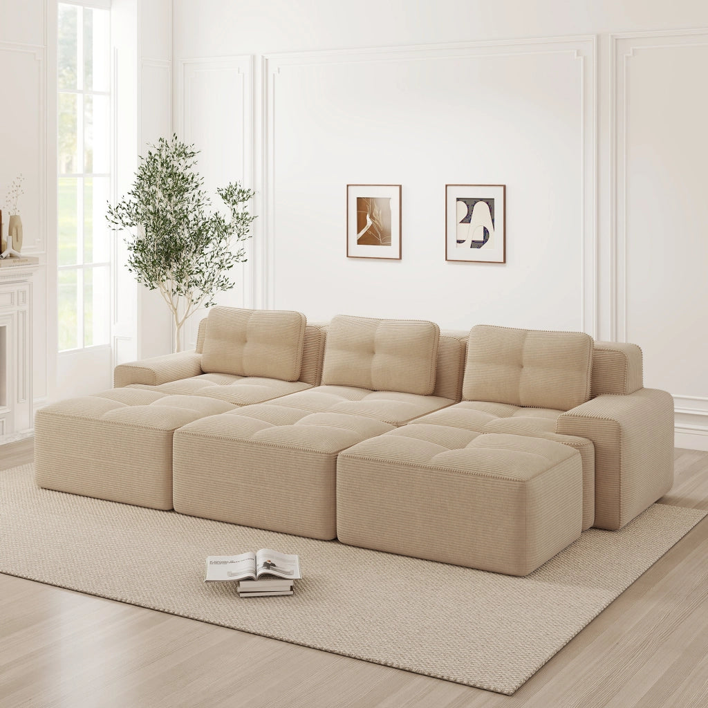 Divano angolare modulare in corda con funzione letto e 3 pouf, seduta profonda, beige