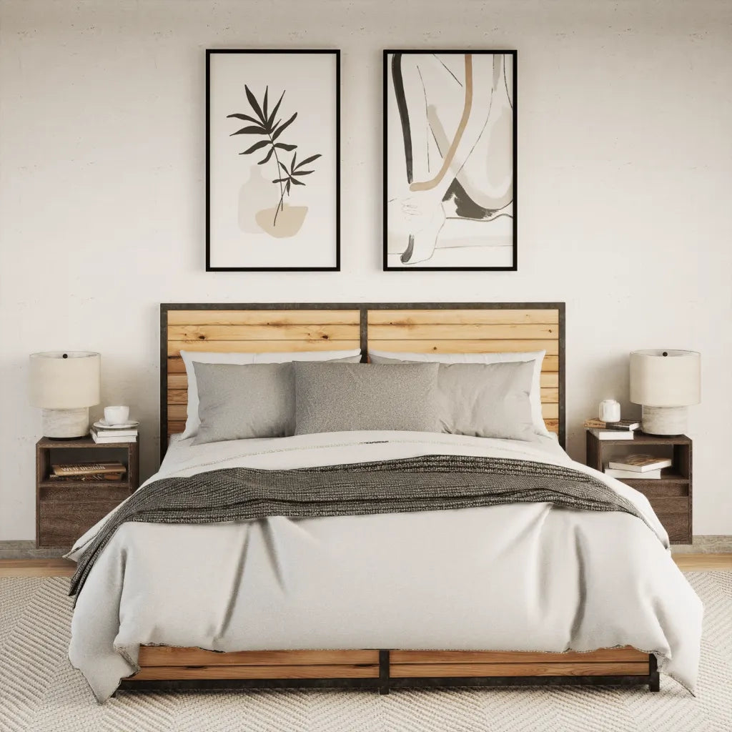 Set di 2 Comodini | Armadio da Notte | Mobiletto da notte a Parete con luci LED Rovere Marrone